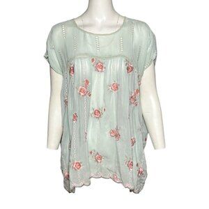 Johnny Was Cupra Rayon Embroidered Roses Scalloped Edge Tunic Top Seafoam Size M